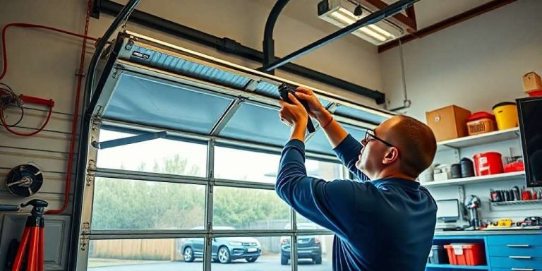 A person wearing glasses is adjusting a garage door mechanism inside a workshop. The garage door is partially open, and a car is visible outside. Shelves with tools and supplies are in the background.